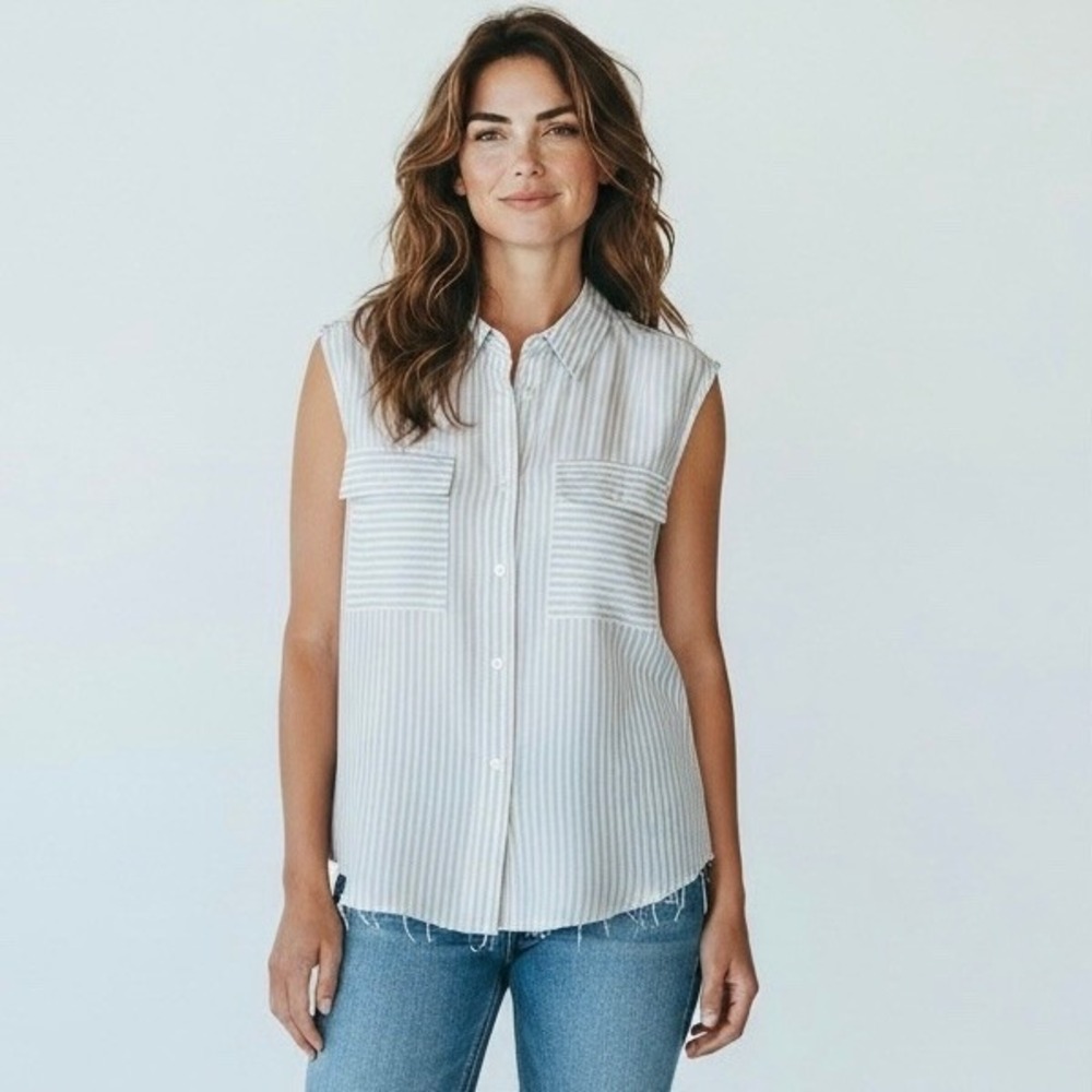 Joie‎ Women's Sleeveless Button-Up Blouse – 100% Silk Tank, Gray/White (XS)